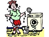 Woman giving up, with a leaking, broken washing machine